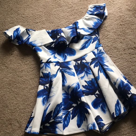 BLUE AND WHITE OFF SHOULDER ROMPER - Picture 1 of 4